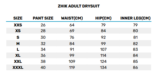 2025 Zhik Adult Drysuit 0 Size Chart